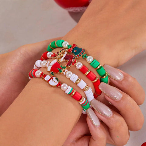 4Pc/Set Merry Christmas Tree Santa Claus Bracelet For Women Xmas Deer Crystal Polymer Clay Beads Woven Bracelet New Year Jewelry