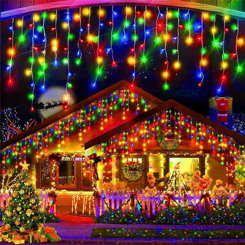 NEW 2024 Christmas Decorations Lights Solar Icicle Curtain Lights 8 Modes Outdoor Waterproof Garden Party New Year Decoration