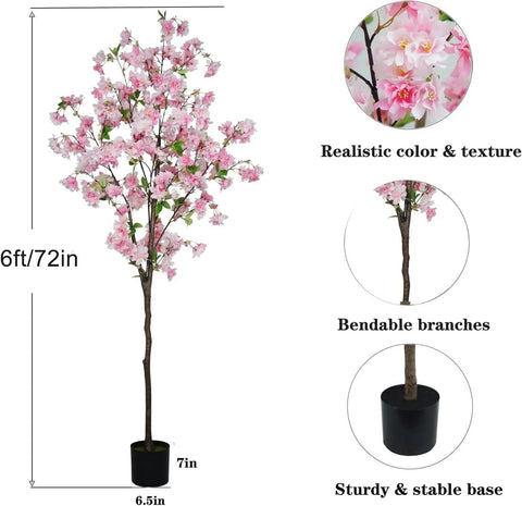 Cherry Blossom Artificial Tree 6Ft, High Simulation Pink Cherry Plant In Pot, Wishing Tree Indoor For Garden Office Party