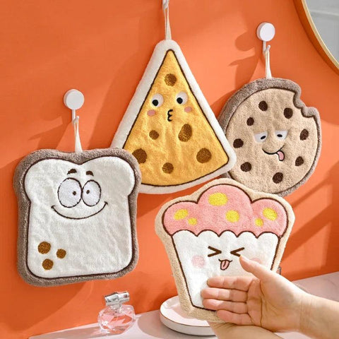 Cute Hand Towel Bread Cheese Shape Hanging Towel Children Kids Bathing Towels Coral Fleece Handkerchiefs Absorbent Wipe Cloth