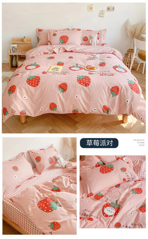 Cute Double Cotton Bedding Set with Four-Piece Linens, Pillowcase, Textile for Girl's Dormitory Bedclothes