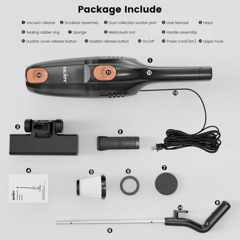 Sejoy Corded Vacuum Cleaners 15Kpa Powerful Suction 600W Motor 2 in 1 Stick Handheld Vaccum Cleaner for Home Pet Hair Carpet