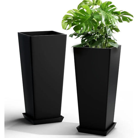 Set of 2 Tall Outdoor Planters 24 Inch, Large Planters for Indoor Outdoor Plants, Tapered Square Flower Pots with Tray for Patio