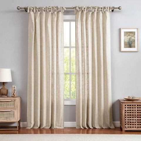 White Tie Top Curtain Semi Sheer Window Treatment Linen Cotton Blend Decorative for Living Room Drape 108 Inch Length