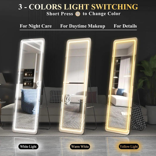 63"x20" Full Length Floor Mirror Dimming Lights Full-Size Body Mirror Lighted Mirror, Free Standing Mirror Wall Mounted Hanging