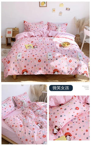 Cute Double Cotton Bedding Set with Four-Piece Linens, Pillowcase, Textile for Girl's Dormitory Bedclothes