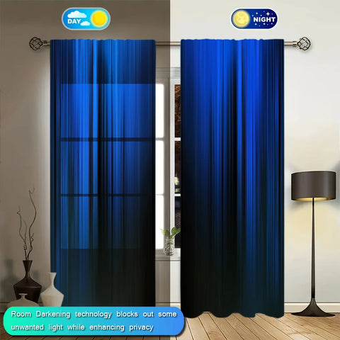 2pcs Blue/black Gradient Stripe Design Printed Curtain for Home Decor - Rod Pocket Window Treatment for Bedroom, Office, Kitchen