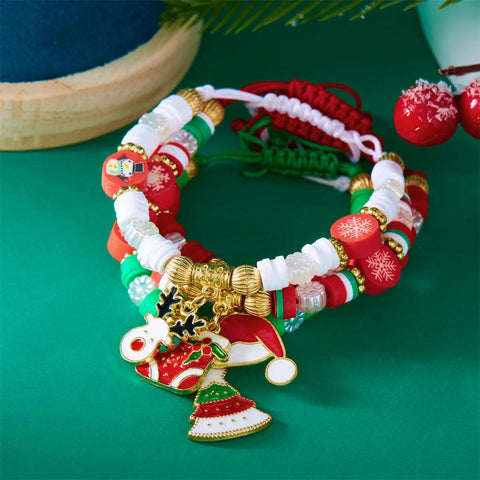 4Pc/Set Merry Christmas Tree Santa Claus Bracelet For Women Xmas Deer Crystal Polymer Clay Beads Woven Bracelet New Year Jewelry