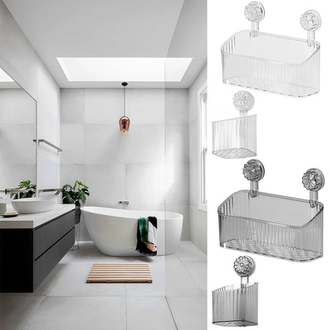 2Pcs Bathroom Organizer With Suckers Wall-mounted No Drill Shower Makeup Shelf Clear Self-Drainage Kitchen Bath Storage Rack