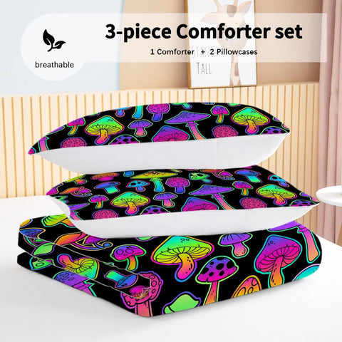 3 Piece Special Colourful Shining Mushrooms Design Comforter Set Comfortable Quilt Set Suitable for All Seasons Home Decor