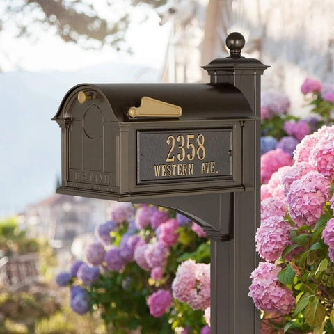 Custom Extra Large Mailbox - Balmoral Model with Address Plaques and Side Mount Post Package, Sand Cast Aluminum, Bron