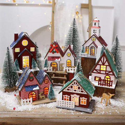 Christmas Desktop Decoration Mini Small Santa Snowman House with LED Light Navidad White Tiny House Ornament Supplies Best Gift