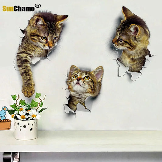 Sunchamo Cute Cat 3D Cracked Toilet Sticker Wall Stickers Fridge Car Seat  DIY Living Bath Room Home Decor Wallstickers Bedroom