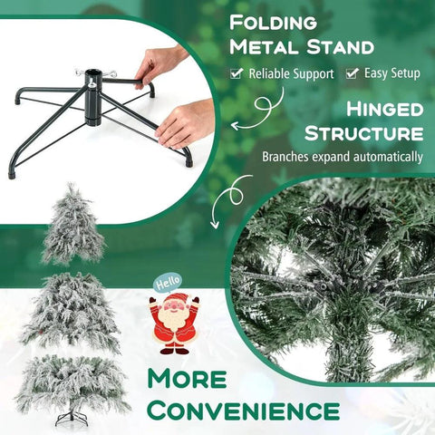 Pre-Lit Snow Flocked Christmas Tree 7 FT, Hinged Artificial Xmas Tree with Stand, 743 Branch Tips, 320 Warm White LED Lights