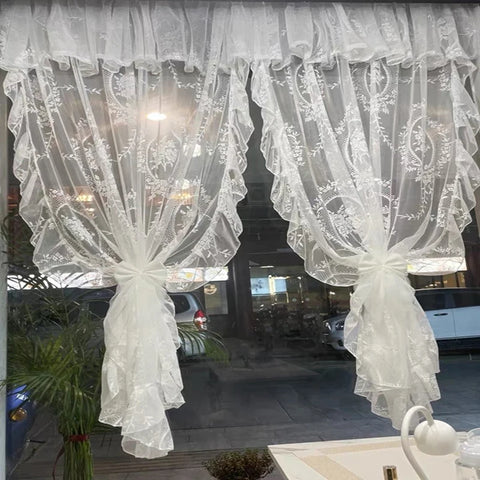 French  Elegant White Embroidery Ruffle Tulle Curtains with Valance For Girls Bedroom Living Room Sheer Drapes Rideaux Voilage