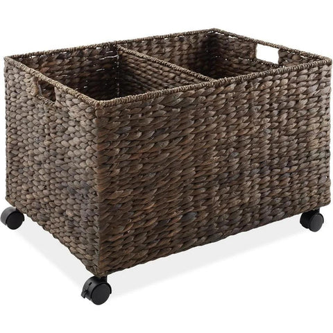 Rolling Storage Basket Cart with Lid and Locking Wheels, - Handwoven Water Hyacinth Divided Recycling Sorting Bin