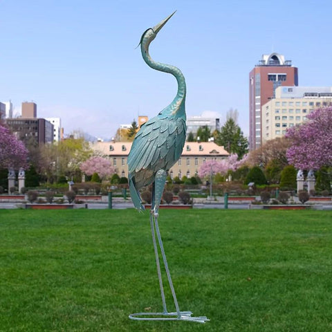 Garden Crane Statue For Outdoor, Metal Bird Yard Art, Standing Sculpture For Backyard Patio Lawn Decoration, Cyan