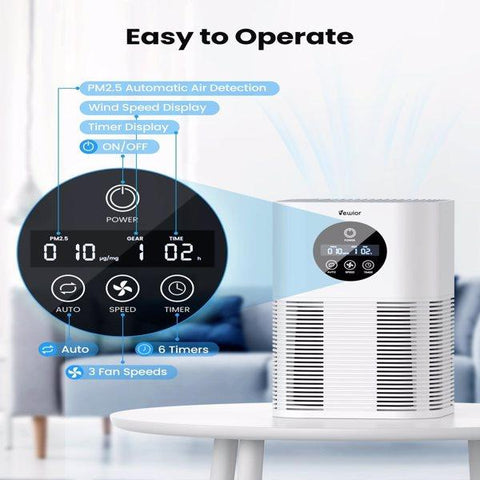 H13 True Hepa Air Purifiers for Pets Hair, Dander, Smoke, Pollen, 3 Fan Speeds, 6 Timer Air Cleaner Suitable for 600 sq. ft.