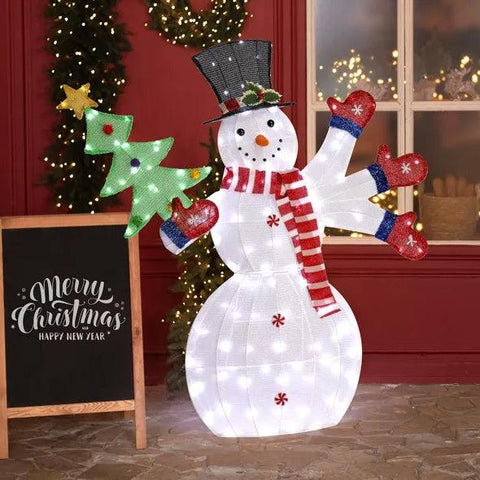 Lighted Snowman Christmas Yard Decorations, Pre-lit 2D Snowman Waving Hands With 170 LED Warm White Lights And Stakes For Xmas Outdoor Holiday Indoor Decor Lighted Holiday Displays