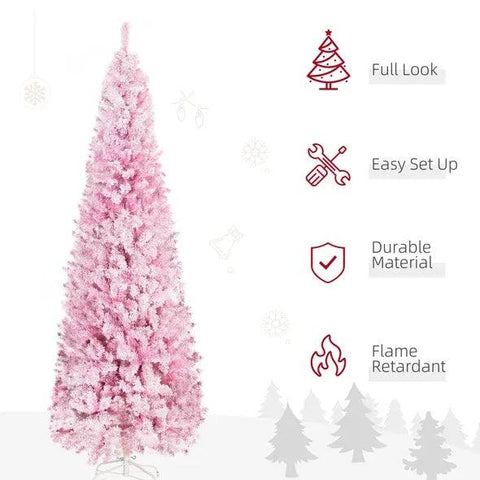 7.5' Tall Unlit Snow Flocked Artificial Christmas Tree Slim Pencil Xmas Tree With Pine Shape And Realistic Branches, Pink