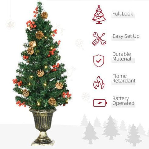 HOMCOM Prelit Holiday Christmas 4-Piece Set, Garland Wreath And Set Of 2 Entrance Trees With Warm White LED Lights, Red Berries, Pine Cones, Green