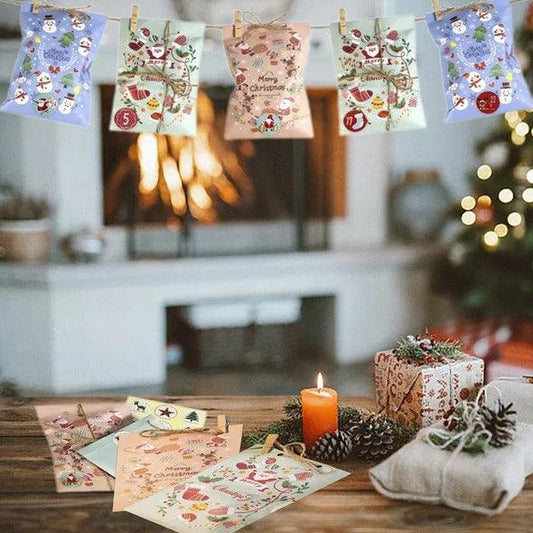 24Pcs Christmas Advent Calendar Bags Kit Envelope Shape Gift Bags With 1 To 24 Countdown Number Stickers Santa Claus Snowman Pattern Goodie Candy Treat Bag With Clips And Rope For Xmas Tree Decoration