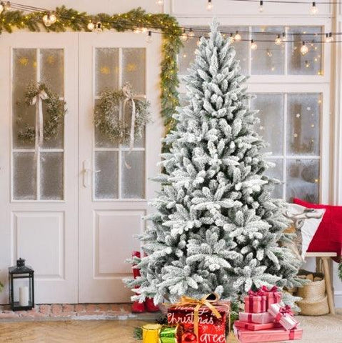 7FT PE & PVC Flocked Artificial Christmas Tree ,With 1514 Branch Tips And Metal Stand,Foldable Fake Tree With Realistic Snowy Foliage For Home Decoration