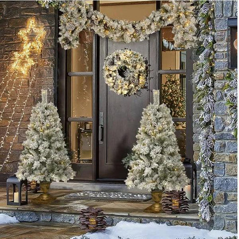 Pre-lit Xmas Tree Artificial Christmas 4-Piece Set,Garland, Wreath And Set Of 2 Entrance Trees X-mas With LED Lights, Christmas Tree