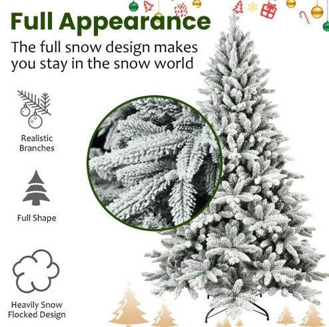 7FT PE & PVC Flocked Artificial Christmas Tree ,With 1514 Branch Tips And Metal Stand,Foldable Fake Tree With Realistic Snowy Foliage For Home Decoration